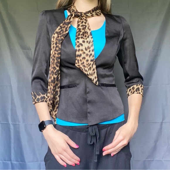 New Love Culture Small Black Blazer Suit Jacket W/ Cheetah Details And Scarf - Picture 2 of 9